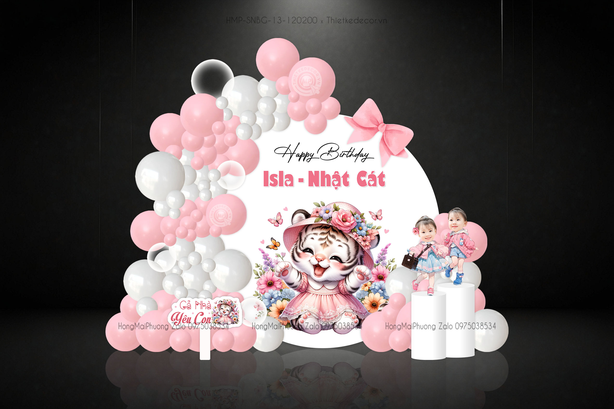 Sinh nhật bé gái tuổi dần - hổ tone hồng gắn nơ xinh